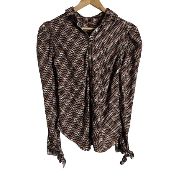 Veronica Beard Isabel Brown Plaid Puff Long Sleeve Mock Neck Top Size 2 - Picture 14 of 15
